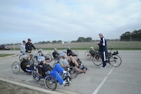Adaptive Fitness and Sports Camp participants prepare for a bike race at Eberle Park on Joint Base San Antonio-Randolph Jan. 19. Forty five Air Force, Navy and U.S. Special Operations Command Wounded Warriors participated in the inaugural Adaptive Fitness & Sports Camp held at JBSA- Randolph  Jan. 18-21. Events included wheelchair basketball, sitting volleyball, cycling, aquatics, strength and conditioning, adaptive bowling and golf opportunities. (U.S. Air Force photo/Rich McFadden) (released)