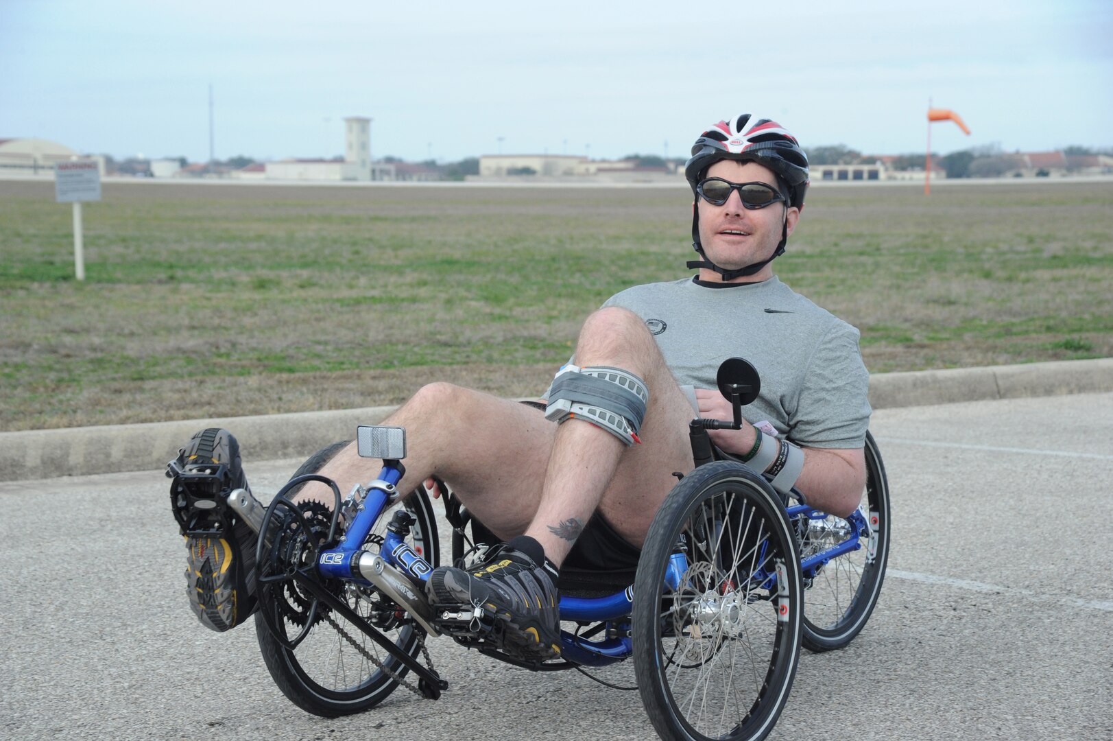 Claude Owens, Adaptive Fitness and Sports Camp participant prepares for a bike race at Eberle Park on Joint Base San Antonio-Randolph Jan. 19. Forty five Air Force, Navy and U.S. Special Operations Command Wounded Warriors participated in the inaugural Adaptive Fitness & Sports Camp held at JBSA- Randolph  Jan. 18-21. Events included wheelchair basketball, sitting volleyball, cycling, aquatics, strength and conditioning, adaptive bowling and golf opportunities. (U.S. Air Force photo/Rich McFadden) (released)