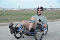 Claude Owens, Adaptive Fitness and Sports Camp participant prepares for a bike race at Eberle Park on Joint Base San Antonio-Randolph Jan. 19. Forty five Air Force, Navy and U.S. Special Operations Command Wounded Warriors participated in the inaugural Adaptive Fitness & Sports Camp held at JBSA- Randolph  Jan. 18-21. Events included wheelchair basketball, sitting volleyball, cycling, aquatics, strength and conditioning, adaptive bowling and golf opportunities. (U.S. Air Force photo/Rich McFadden) (released)