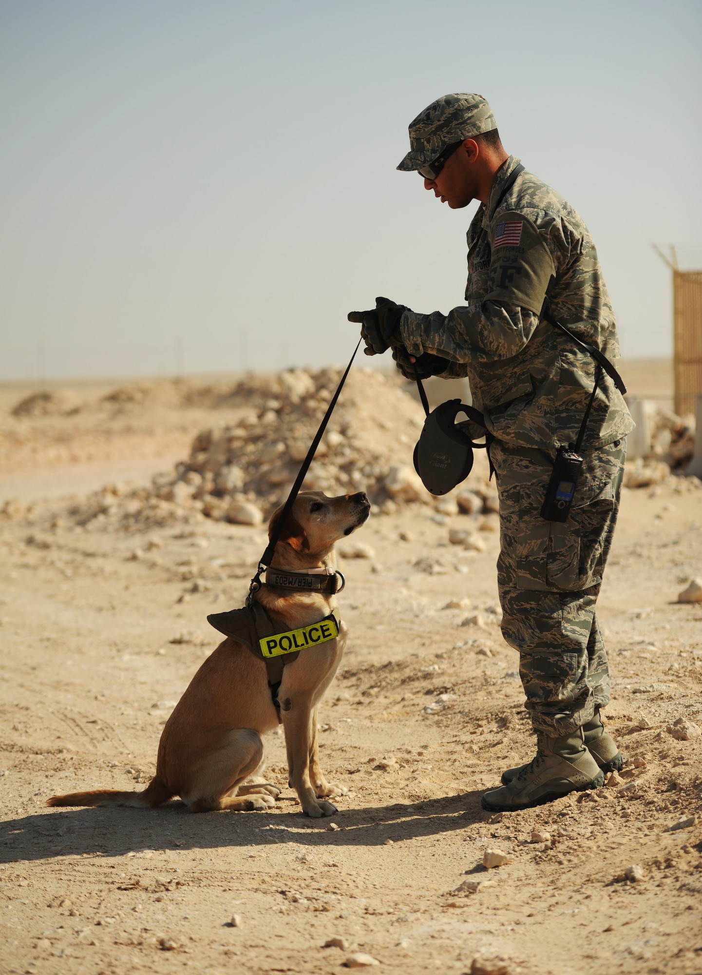 SOUTHWEST ASIA –Staff Sgt. Marque Daniels, 379th Expeditionary Security Forces Squadron military working dog handler and native of Gurnee, Ill., prepares to go on patrol with his dog Pier during a MWD capabilities demonstration here Jan. 19, 2012. Handlers train with their dogs on a daily basis to keep the working relationship strong and keep the dogs’ skills proficient. Daniels is deployed from Buckley Air Force Base, Colo. (U.S. Air Force photo/Staff Sgt. Nathanael Callon)