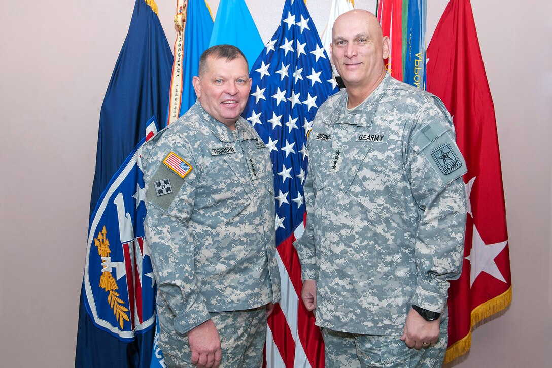 U.S. Army Chief of Staff Gen. Raymond T. Odierno, right, meets with Army Gen. James D. Thurman at the U.S. Forces Korea Headquarters in Army Garrison Yongsan, Seoul, South Korea, Jan. 20, 2012.  Thurman is the commanding general of the United Nations Command, Republic of Korea; U.S. Combined Forces Command and and U.S. Forces Korea.