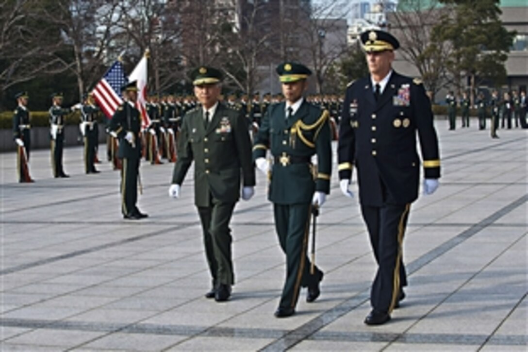U.S. Army Chief of Staff Gen. Raymond T. Odierno, right, participates in a full honors ceremony hosted by Japan Ground Self Defense Force Chief of Staff Gen. Eiji Kimizuka, left, in Tokyo, Jan. 19, 2012.