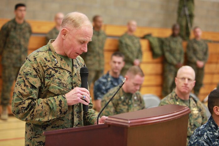 Major Gen. Melvin Spiese, deputy commanding general, I Marine Expeditionary Force, speaks during the opening ceremony of Exercise Iron Fist 2012, aboard Camp Pendleton, Calif., Jan. 23. The opening ceremony begins the bi-lateral training exercise with the Japanese Ground Self Defense Force. (U.S. Marine Corps photo by Lance Cpl. Timothy Childers)