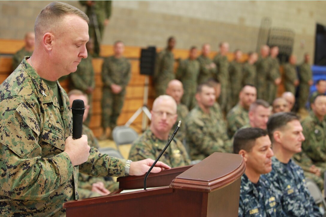 Colonel Scott Campbell, commanding officer, 15th Marine Expeditionary Unit, speaks during the opening ceremony of Exercise Iron Fist 2012, aboard Camp Pendleton, Calif., Jan. 23. The opening ceremony begins the bi-lateral training exercise with the Japanese Ground Self Defense Force. (U.S. Marine Corps photo by Lance Cpl. Timothy Childers)