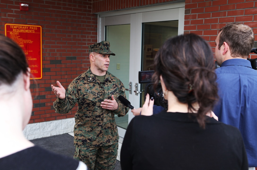 Col. Daniel J. Lecce, commanding officer of Marine Corps Base Camp Lejeune, tells media how the new Marine Corps Base Camp Lejeune Main Gate Access Control Complex focuses on safety, security and customer service, during the facilities’ ribbon cutting ceremony, Jan. 24.