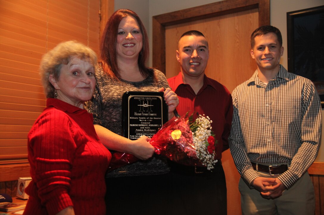 Cpl. Francisco Rodriguez Hernandez Jr. and his wife Jessica were presented the Service Family of the Quarter award at the Carolina Grill in Havelock, N.C. Jan. 24. The couple received the award for their volunteer work and dedication to the community. Rodriguez is the noncommissioned officer in charge of barracks managers for Marine Aircraft Group 14 aboard Marine Corps Air Station Cherry Point.