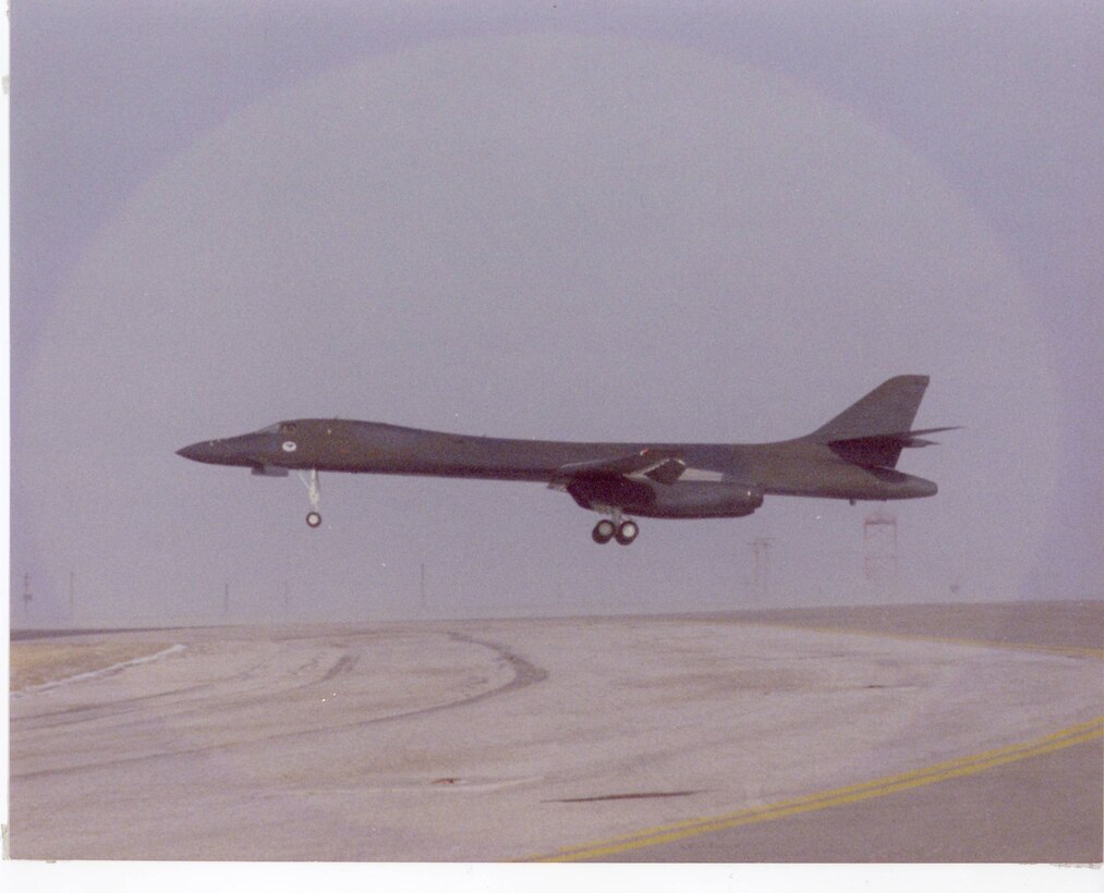 General John T. Chain Jr., lands the first B-1B, Wings of Freedom at Ellsworth AFB, S.D., Jan. 21, 1987. 