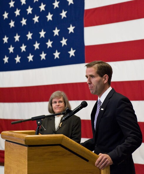 Joseph R. "Beau" Biden, the attorney general for Delaware, speaks to the press Jan. 20, 2011 at Dover Air Force Base, Del., in regards to financial consumer issues military members face, including mortgage, interest and internet scams. He and Holly Petraeus, the director of the Consumer Financial Protection Bureau's Office of Servicemember Affairs, also met with base leadership and held a town hall meeting with service members during their visit to Team Dover. (U.S. Air Force photo/Roland Balik)