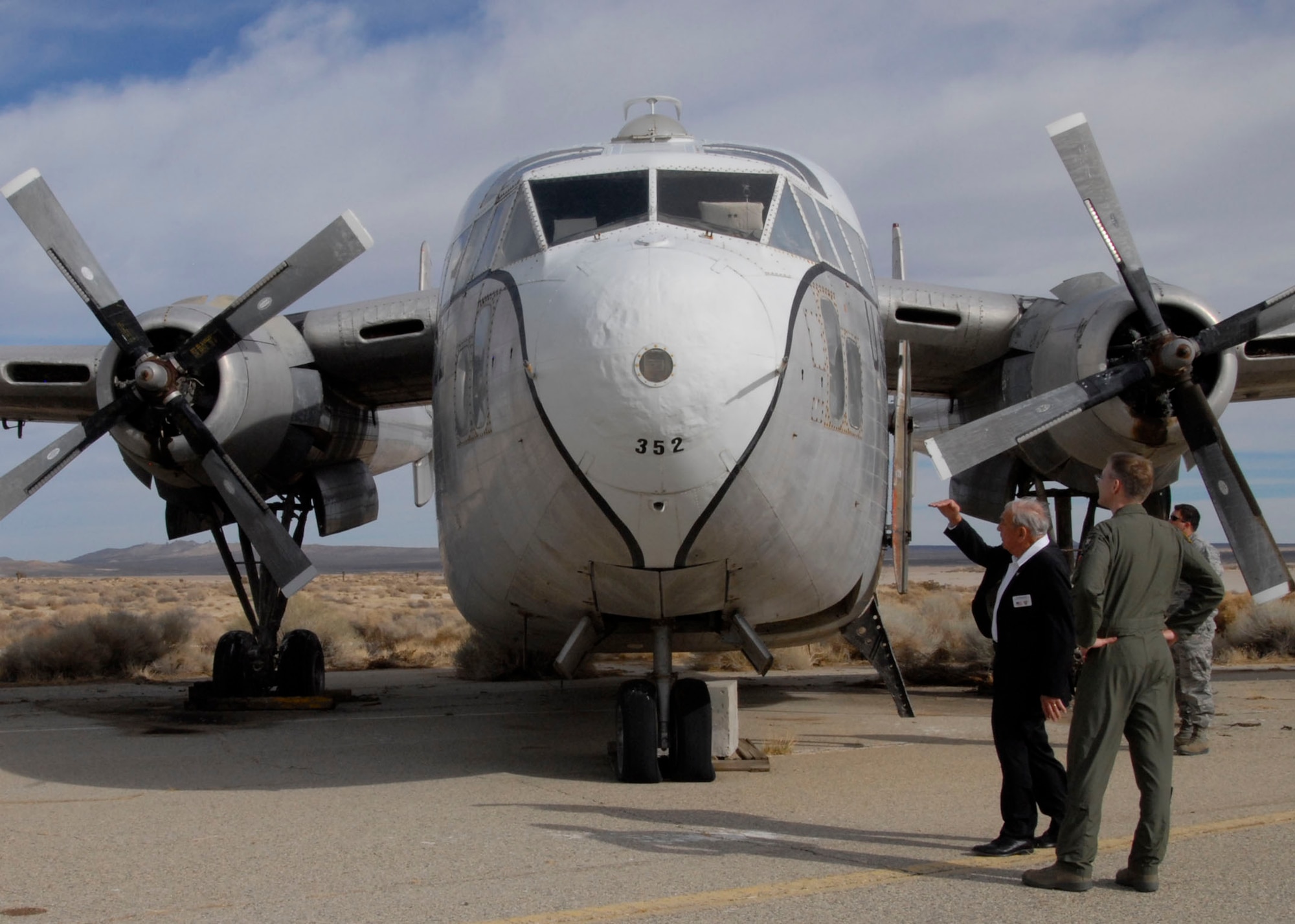 Retired Maj. Gen. James I. Baginski,  discusses  the unique dynamics of the C-119 during his recent trip to Edwards; an aircraft that he accrued more than 1,000 flying hours with during his time as an Active Duty pilot. (U.S. Air Force Photo by Laura Mowry)