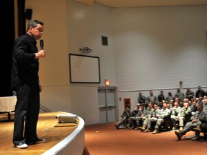 FORT EUSTIS, Va.- Standup comedian Bernie McGrenahan talks to Soldiers Jan. 20, at Jacobs' Theater as part of the 7th Sustainment Brigade's safety stand down day. McGrenahan's "Happy Hour" show offers a fresh approach to providing awareness and education to service members about the dangers of high-risk behavior such as drinking and driving, domestic violence, substance abuse, and suicide awareness and prevention. (U.S. Army Photo by Sgt. 1st Class Kelly Jo Bridgwater/Released)