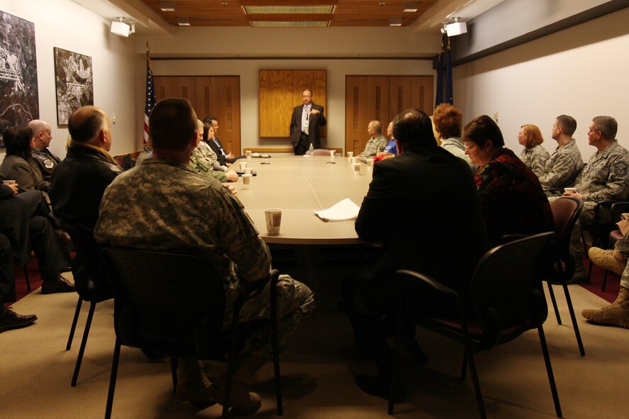 Bradley D. Penrod, Executive Director of Pittsburgh International Airport,
briefs civilian and military personnel during an Honorary Commanders
Association event, Jan. 19, 2012. The HCA is comprised of members from the:
Pittsburgh Airport Area Chamber of Commerce; 911th Airlift Wing, Air Force
Reserve Command; 171st Air Refueling Wing, Pennsylvania Air National Guard;
and the 316th Expeditionary Sustainment Command, Army Reserves.The
program consists of several local military sponsored events throughout the
year and one local business event. The focus of this event was to help local
military members and local business leaders gain a greater perspective as to
the complexity of operations at the Pittsburgh International Airport.  (U.S.
Air Force photo by Tech. Sgt. Ralph Van Houtem/Released)
