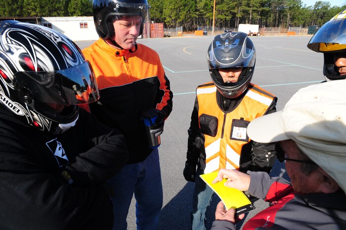 Louis Pechon speaks to Basic Ride Course students about what maneuvers they will be performing  at Joint Base Charleston - Weapons Station, Jan. 19. There are three courses provided to JB Charleston personnel: the basic rider course, a refresher course and a military sport bike course. More than 35 students attend the courses each month.  Pechon is a rider coach with Cape Fox, a contractor for the Air Force Installation’s Motorcycle Safety Programs (U.S. Air Force photo/Staff Sgt. Katie Gieratz)(RELEASED)
