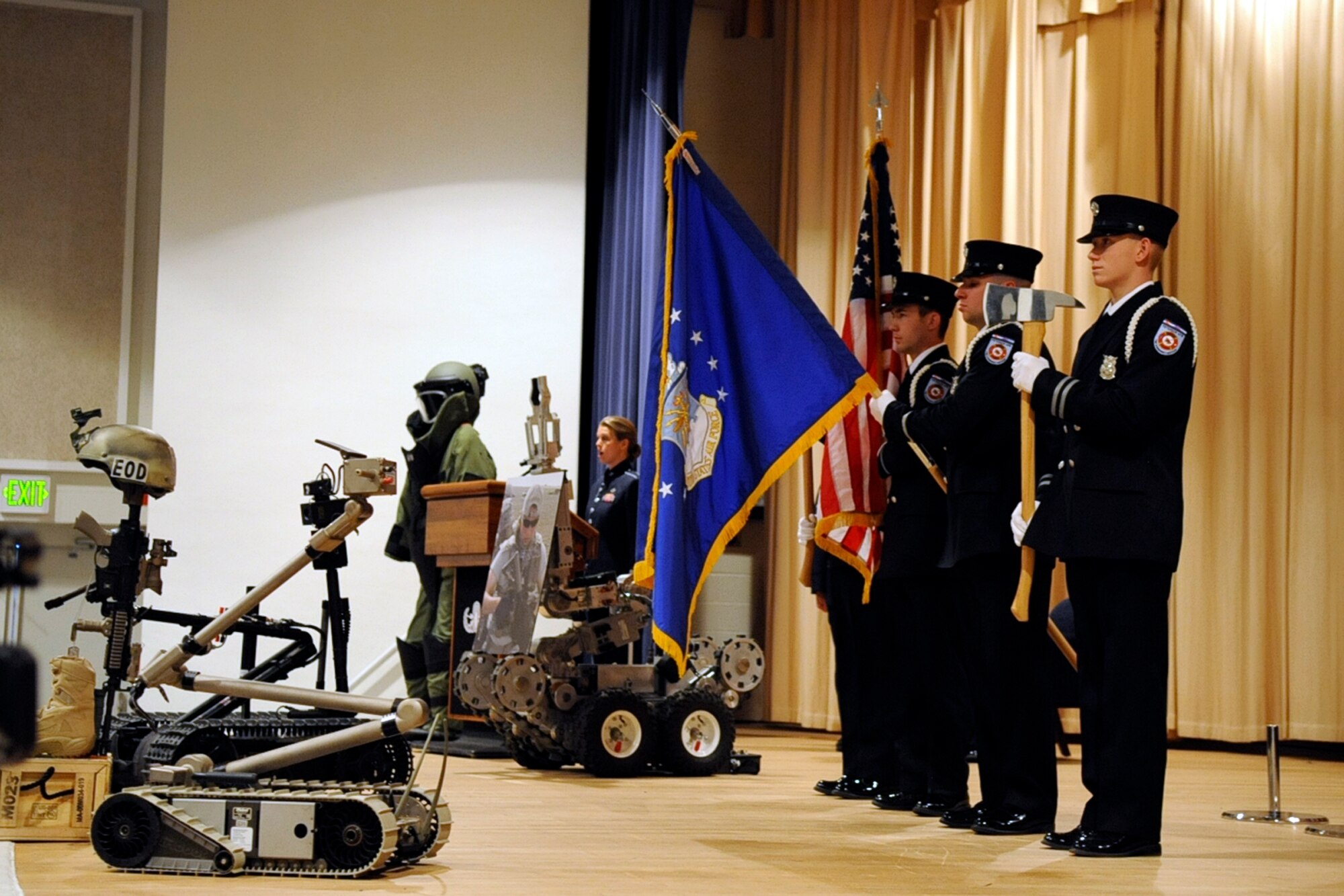 The Peterson fire department color guard pays respect Jan. 20 to Airman 1st Class Matthew R. Seidler, 21st Civil Engineer Squadron explosive ordnance technician. Seidler was killed in Afghanistan from injuries suffered from an improvised explosive device on Jan. 5, just two days after his 24th birthday. He was the first Airman from the 21st Space Wing killed in action since the wing's inception in 1992. (U.S. Air Force photo/Rob Bussard)