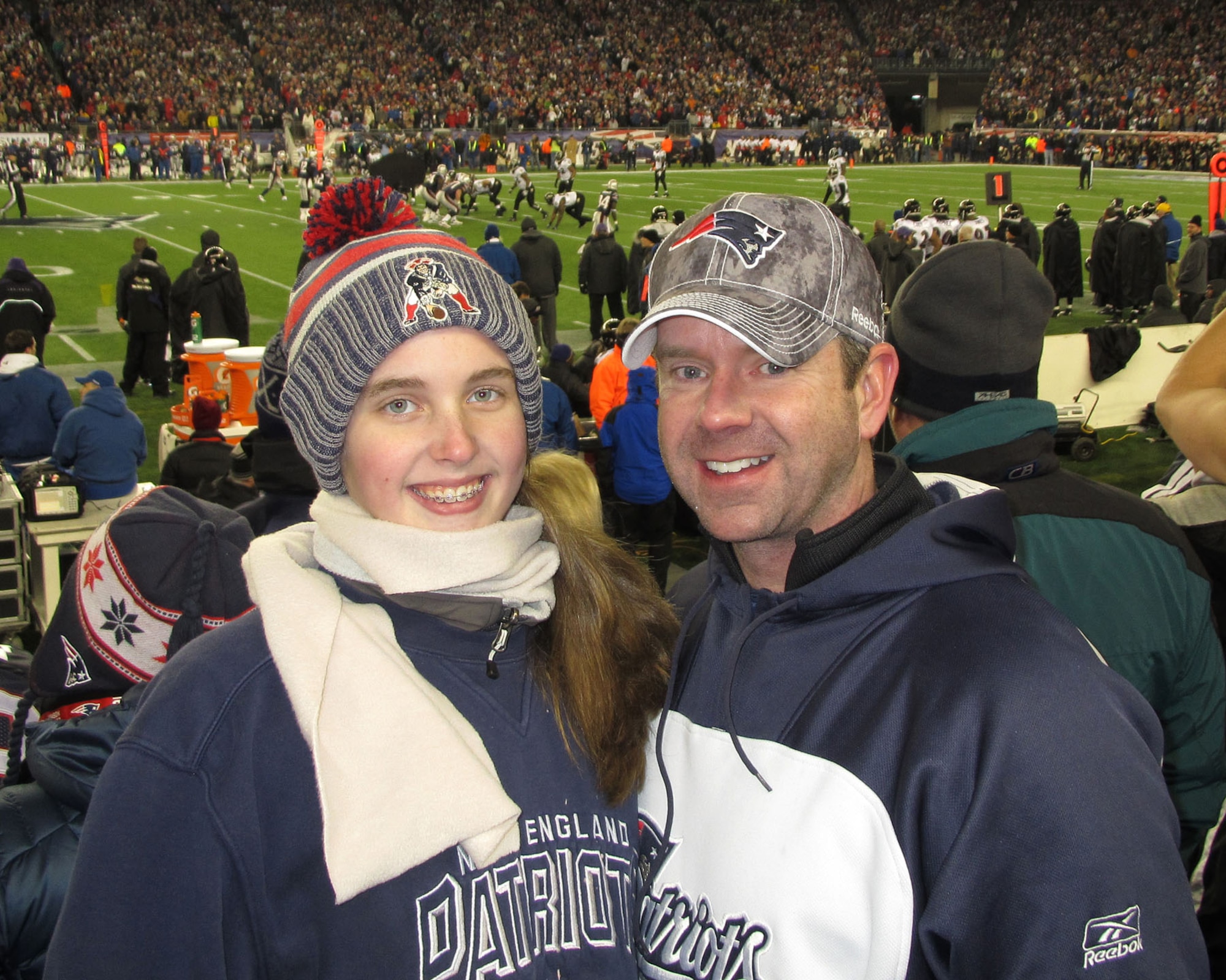 FOXBOROUGH, Mass. -- Joseph Peloquin and his daughter, Morgan, enjoy the New England Patriots vs. Baltimore Ravens AFC Championship game courtesy of Patriots wide receiver Wes Welker at Gillette Stadium on Jan. 22. Peloquin received the tickets by tweeting why he deserved them to Welker moments after first signing up for a Twitter account. (Courtesy photo)