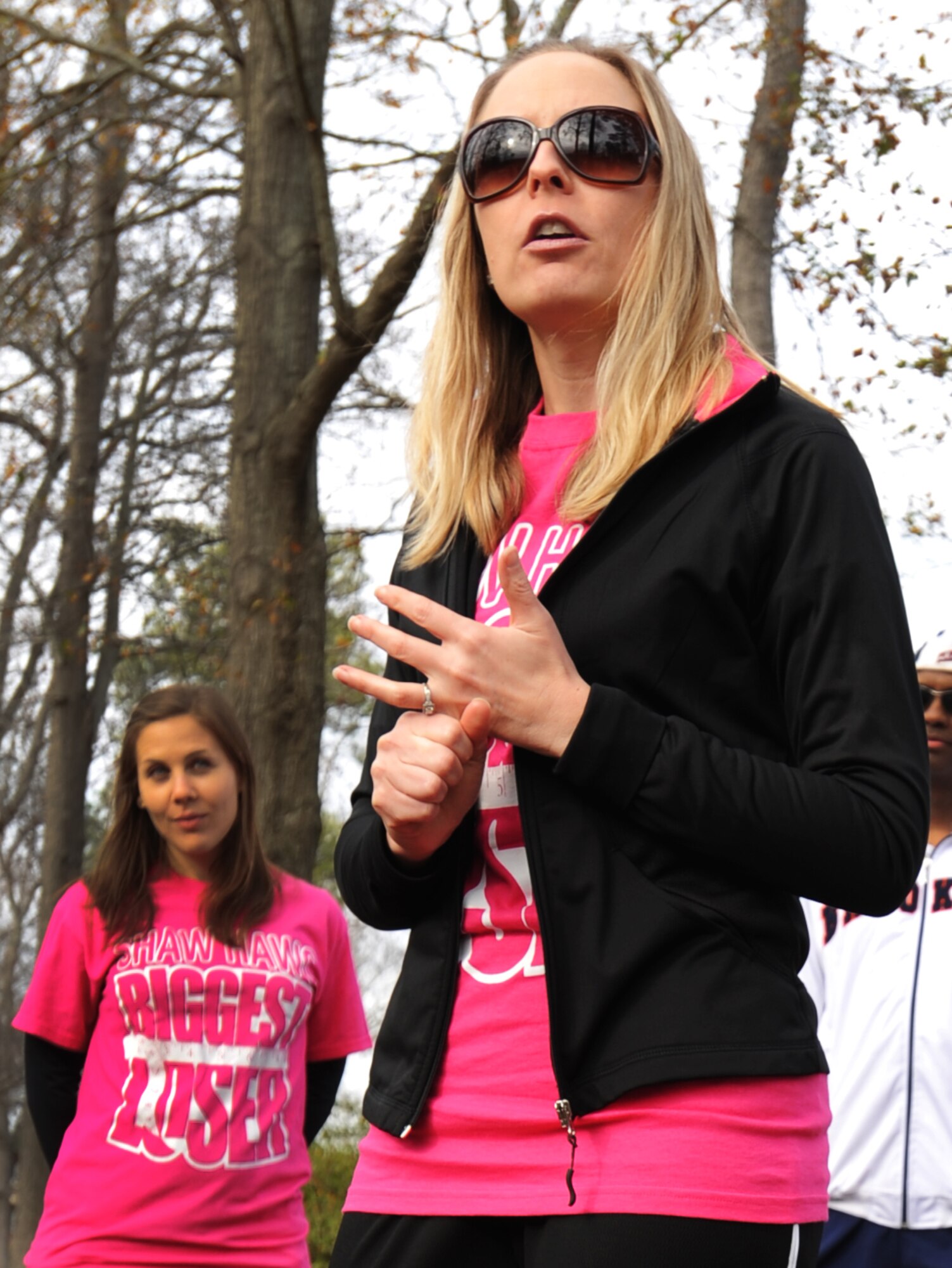 Penny Cook, 20th Aerospace Medicine Squadron health promotion program coordinator, gives the opening remarks at the beginning of the Biggest Loser Competition at the chapel track, Shaw Air Force Base, S.C., Jan. 20, 2012. The Biggest Loser Challenge is a six week program for Team Shaw contestants to work on health, wellness, fitness and nutrition. (U.S. Air Force photo by Airman 1st Class Tabatha McCarthy/Released)
