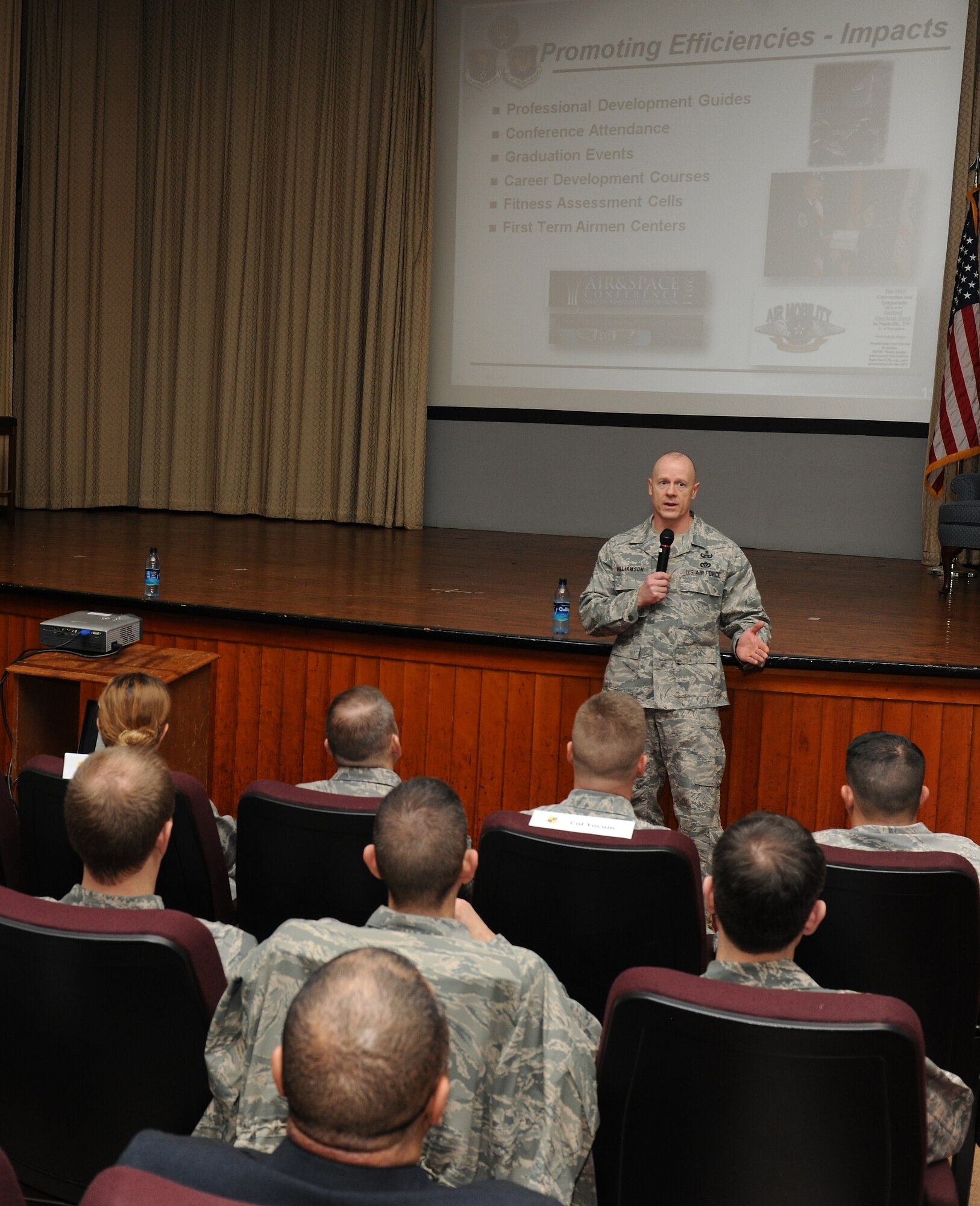 RAF ALCONBURY, United Kingdom –Chief Master Sgt. David Williamson, U.S. Air Forces in Europe command chief, speaks to officer and civilian leadership of the 501st Combat Support Wing about budget impacts affecting enlisted Airmen they lead, here, Jan. 20. (U.S. Air Force photo by Tech. Sgt. John Barton)