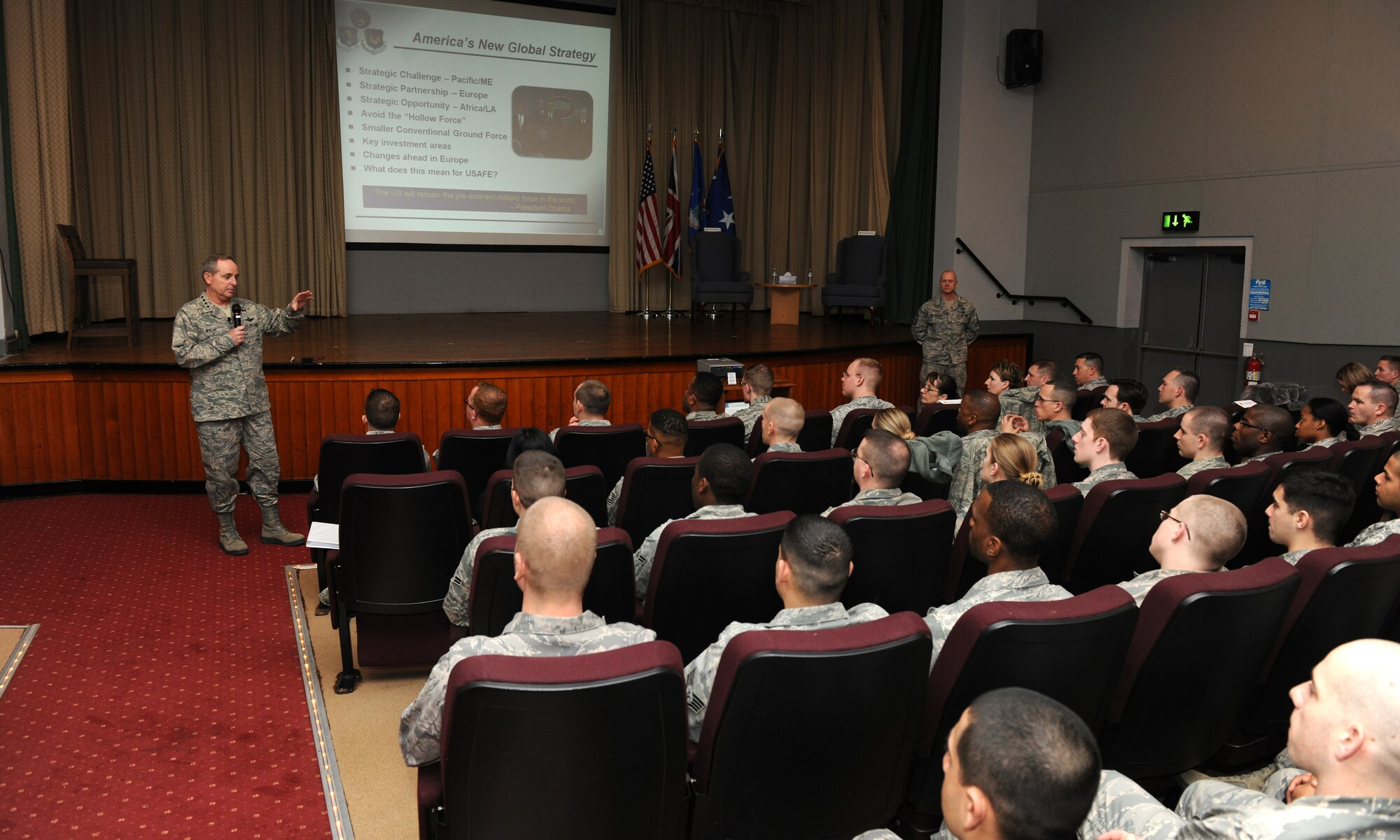 RAF ALCONBURY, United Kingdom -- Gen. Mark A. Welsh III, U.S. Air Forces in Europe commander,talks to Airmen from the 501st Combat Support Wing about America’s new global strategy during an enlisted call here, Jan. 20. (U.S. Air Force Photo by Tech. Sgt. John Barton)