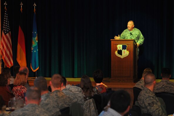 SPANGDAHLEM AIR BASE, Germany – Chaplain (Col.) G. Scott Henry, U.S. Air Forces in Europe command chaplain, speaks during the National Prayer Luncheon inside the Brick House here Jan. 20 about life’s moral and spiritual values  and “taming the terrible twos” in relationships. The National Prayer Breakfast began in 1953 as a way to recognize the values upon which America was founded. The current ceremony highlights these values and promotes a shared sense of spiritual empowerment within communities. (U.S. Air Force photo/Airman 1st Class Dillon Davis)