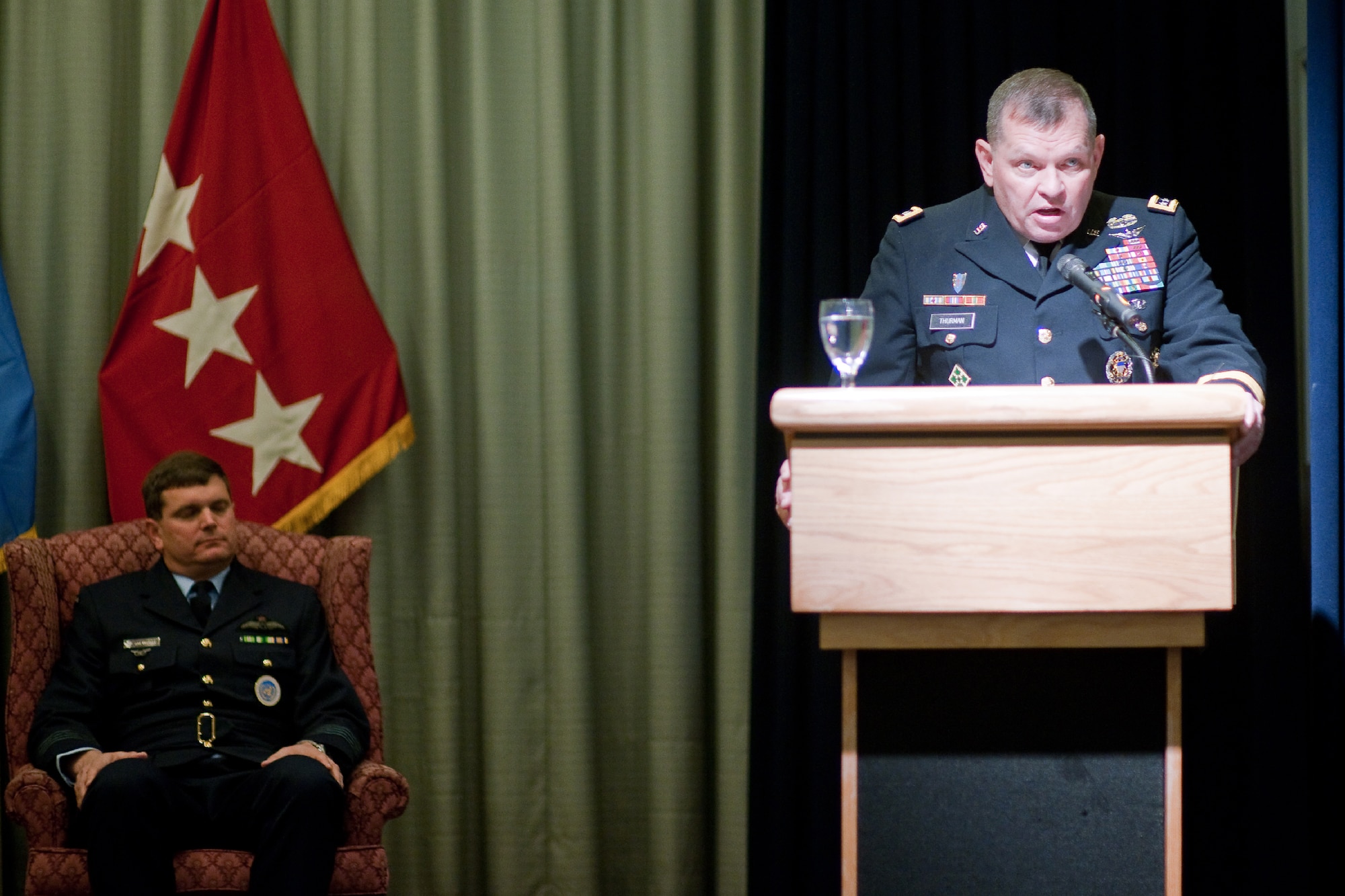 YOKOTA AIR BASE, Japan -- U.S. Army Gen. James Thurman, Commander of the Republic of Korea-based United Nations Command, gives a speech during the United Nations Command (Rear) ceremony at Yokota Air Base, Japan, Jan. 24, 2012. The United Nations Command's principal representative in Japan, the UNC (Rear) maintains the status of forces agreement regarding United Nations Forces in Japan during armistice conditions. (U.S. Air Force photo/Osakabe Yasuo)