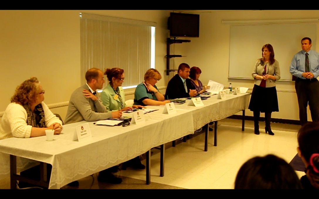 Carol Burton, Combat Center School Liaison, introduces a panel of Morongo Unified School District principals during the first Round Table event between the administrators and parents in the local area Jan. 25, 2012.