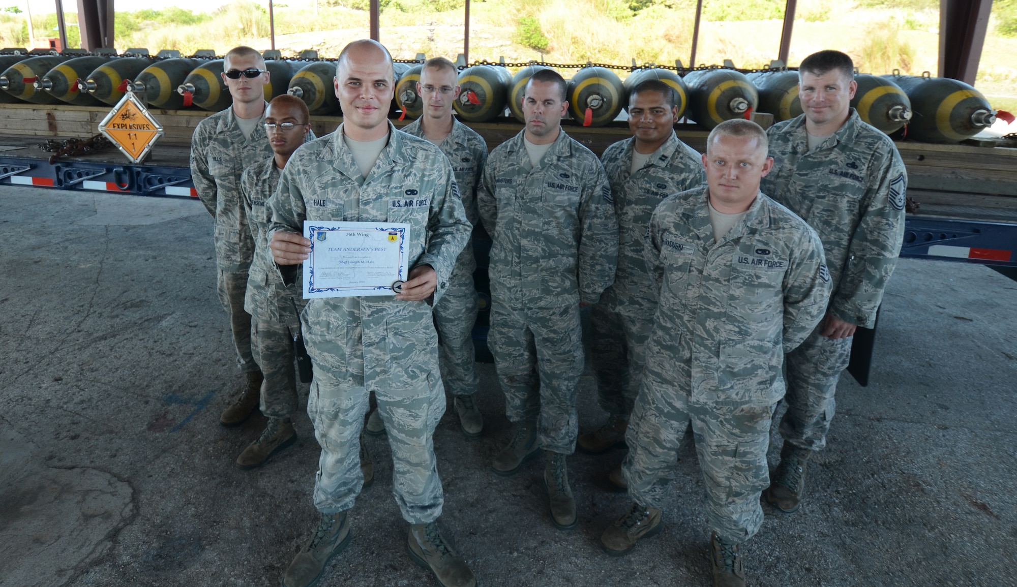 Staff Sgt. Joseph Hale, 36th Munitions Squadron, was awarded Team Andersen’s Best here, Jan. 5. Andersen's Best is a recognition program which highlights a top performer from the 36th Wing. Each week, supervisors nominate a member of their team for outstanding performance and the wing commander presents the selected Airman/Civilian with an award. (U.S. Air Force photo by Staff Sgt. Alex Montes)