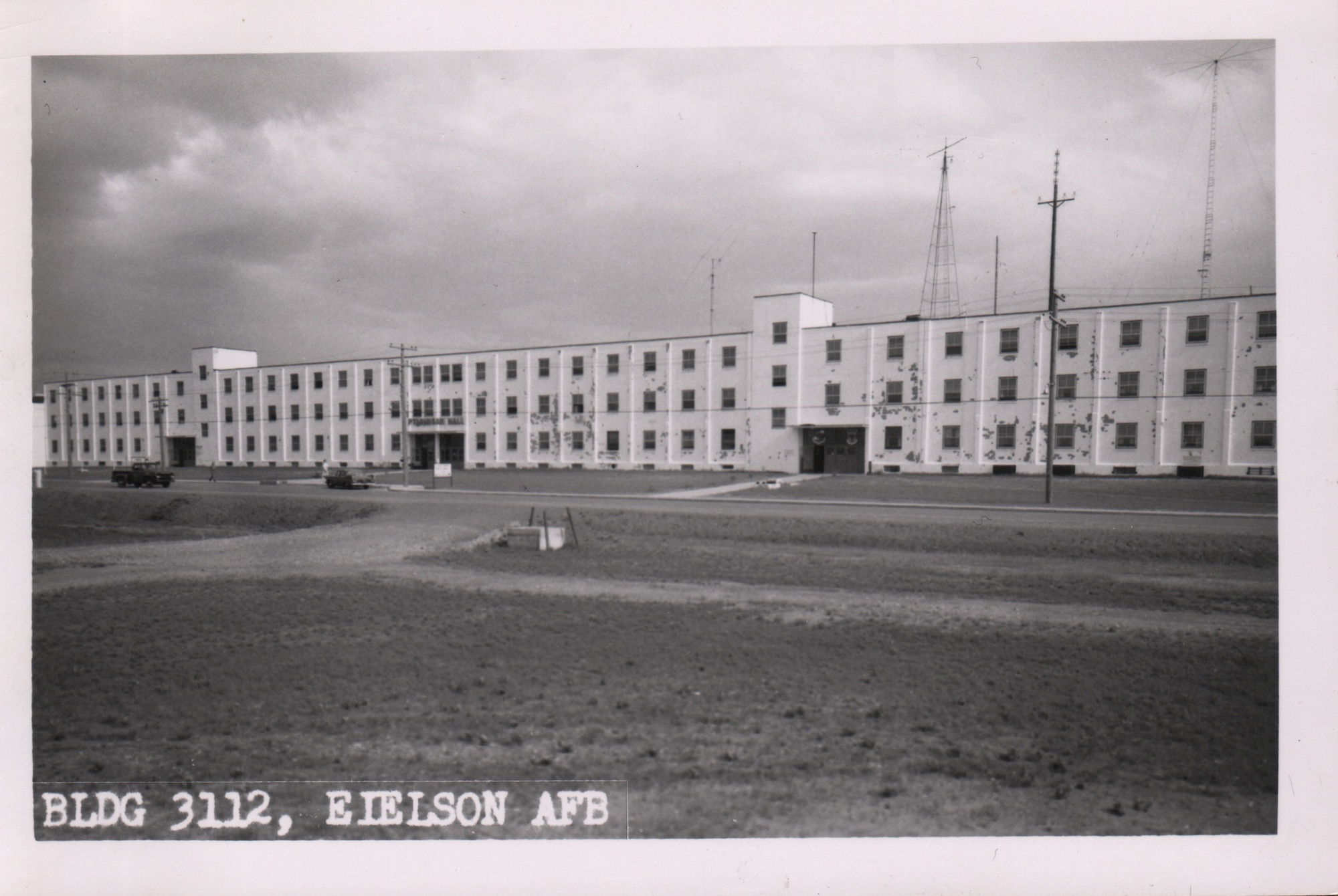 Ptarmigan Hall in 1962. Now called Amber Hall, the original dormitory housed 750 Airmen and was converted in 1972 into a Wing headquarters with offices replacing dorm rooms.  (Courtesy Photo)