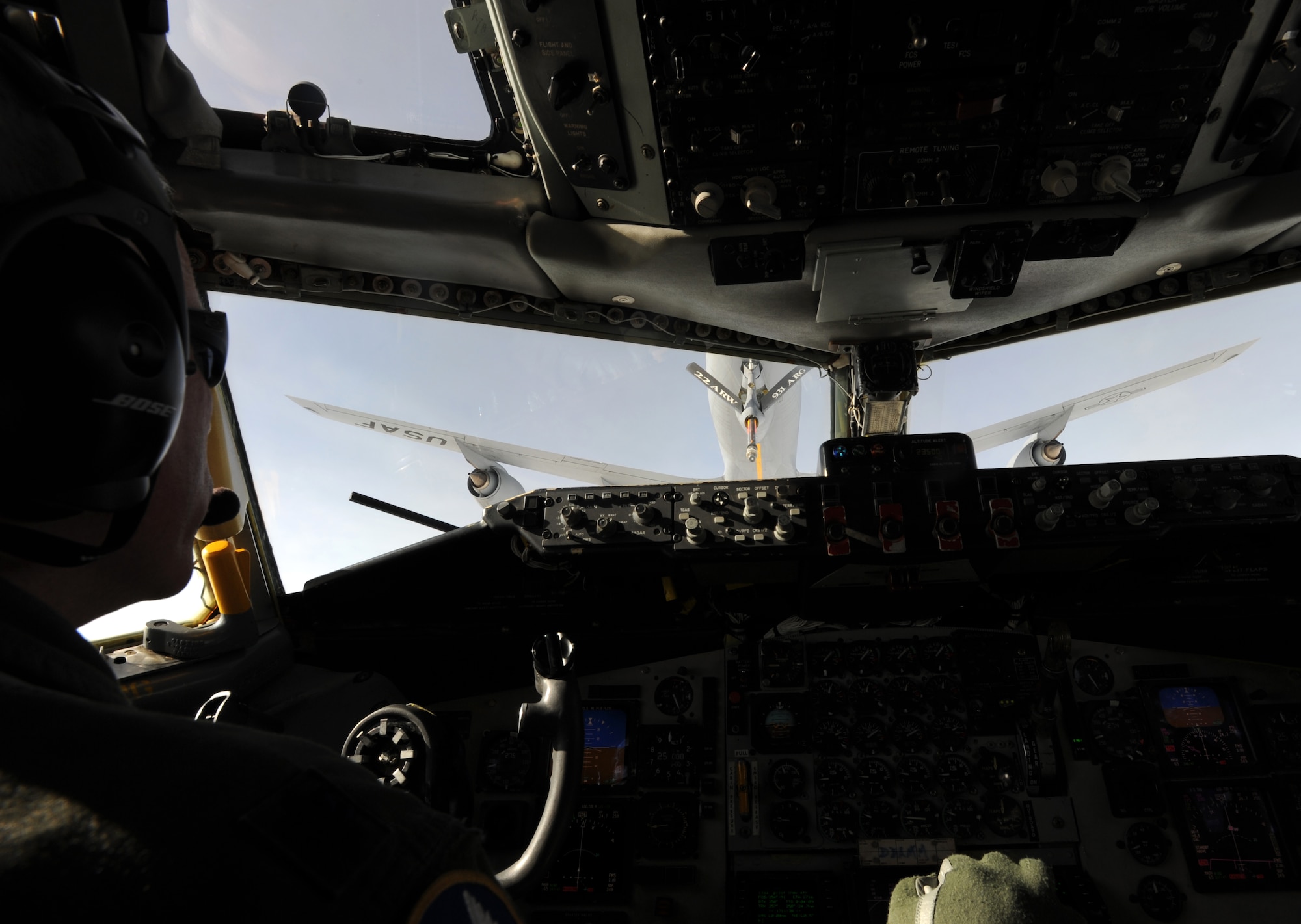Lt. Col. Thomas Wood, 931st Air Refueling Group pilot, maneuvers his KC-135 Stratotanker into position for in-flight refueling over Nebraska Jan 24, 2012. The two KC-135s from McConnell Air Force Base, Kan., also refueled a B-52 Stratofortress from Minot Air Force Base, N.D. During the mission, local media from Wichita, Kan., were onboard to witness in-flight refueling. (U.S. Air Force photo/ Airman 1st Class Laura L. Valentine)