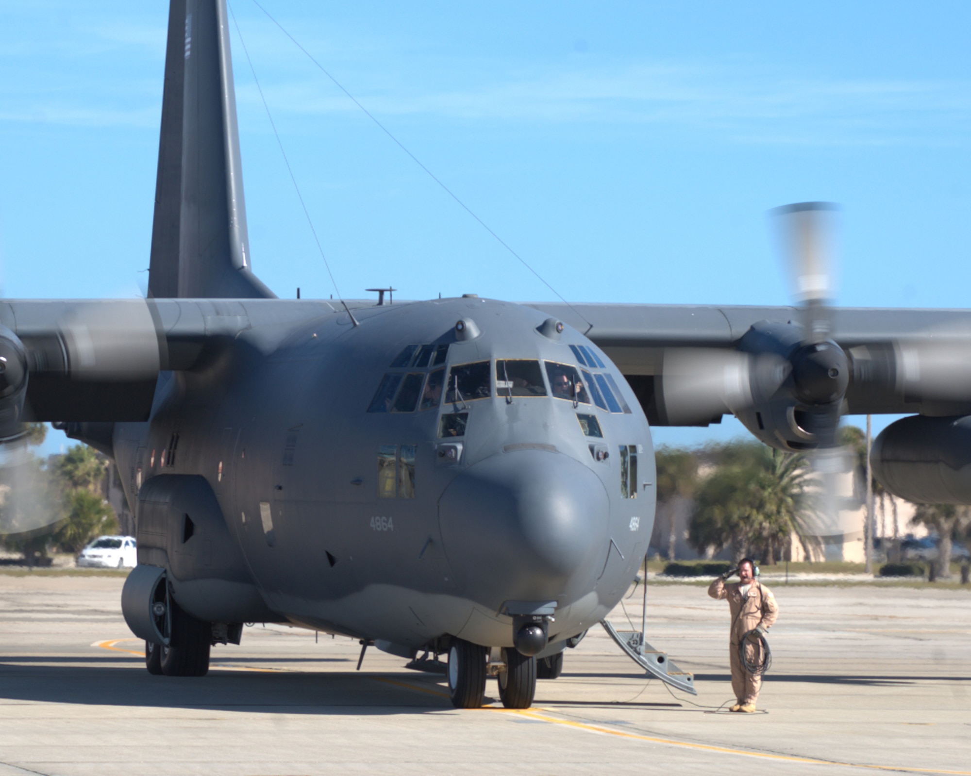 An HC-130P/N King refueling aircraft, piloted by Rescue Wing Airmen of the 920th Rescue Wing, Patrick Air Force Base, Fla., prepares to take off Jan 25. An estimated 30 Rescue Wing Airmen deployed in two of the wing's HC-130's to the Horn of Africa. The C-130's will be used to fly missions throughout the region in support of the ongoing search and rescue and humanitarian relief efforts there. (U.S. Air Force photo/Master Sgt. Rob Grande)