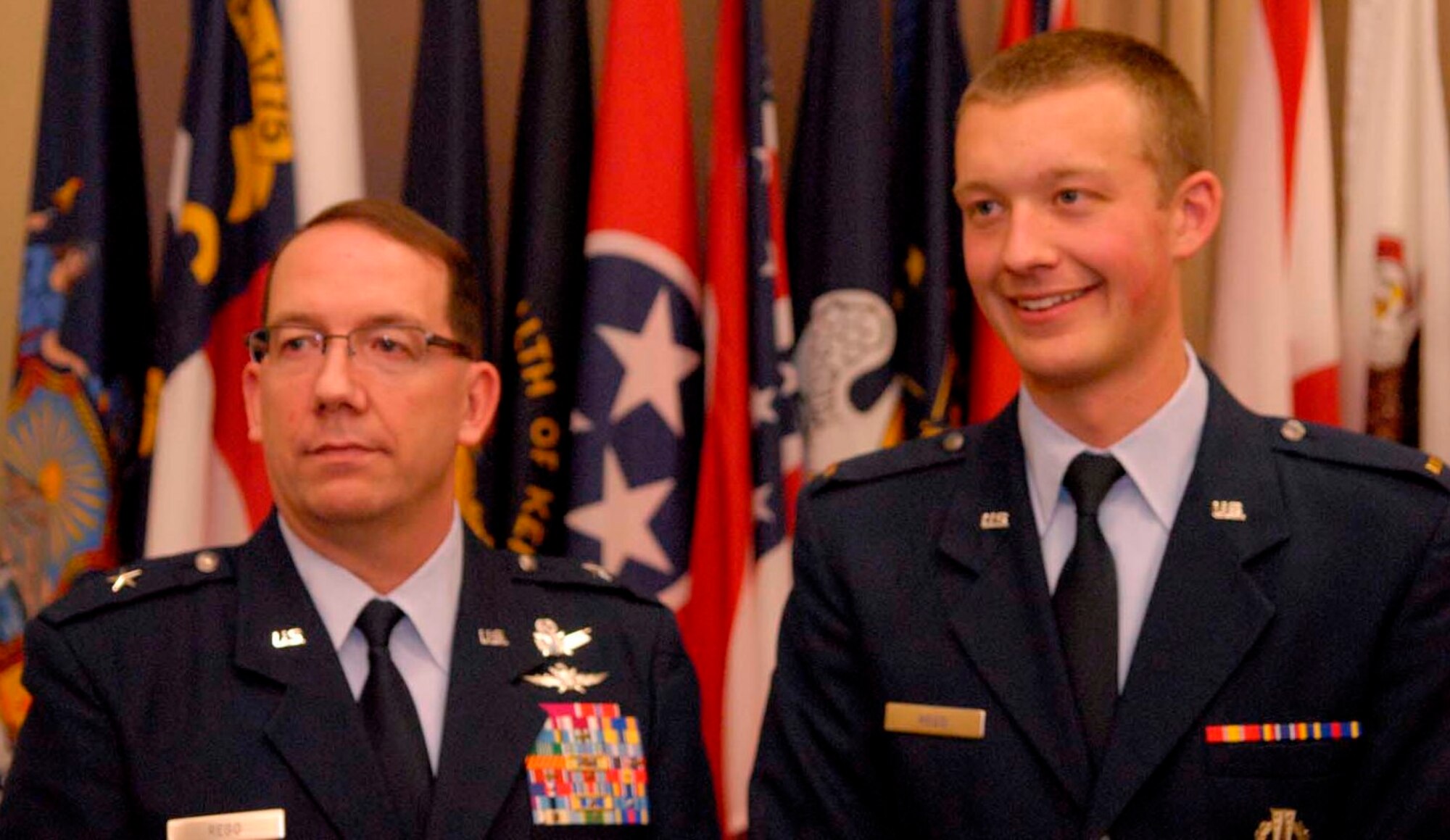 VANDENBERG AIR FORCE BASE, Calif. - Brig. Gen. Robert Rego, the mobilization assistant to the Global Strike Command commander, poses with his son, 2nd Lt. Ethan Rego, after Ethan's Initial Skills Training graduation at Vandenberg Air Force Base, Calif., Jan. 12. Ethan, along with 27 other graduates, will serve as nuclear missile operators at F.E. Warren AFB, Wyo., Malmstrom AFB, Mont., or Minot AFB, N.D. (U.S. Air Force by 2nd Lt. Austin Fallin)