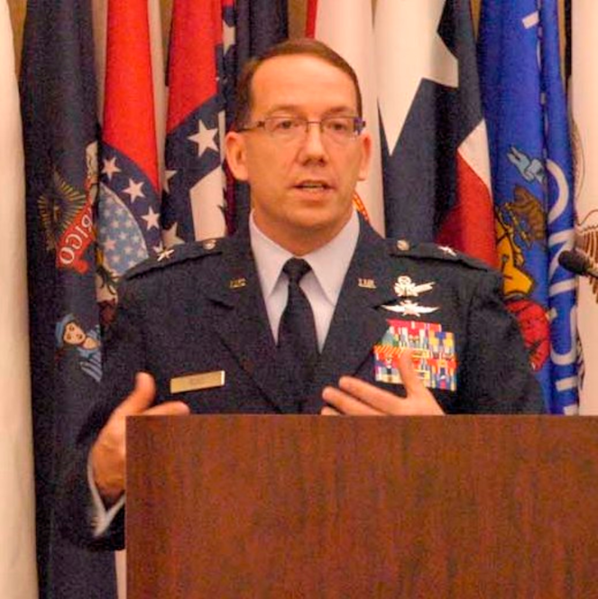 VANDENBERG AIR FORCE BASE, Calif. - Brig. Gen. Robert Rego, the mobilization assistant to the Global Strike Command commander, delivers a commencement speech to the 392nd Training Squadron's Initial Skills Training class 11-06 at Vandenberg Air Force Base, Calif., Jan. 12. Rego's son, 2nd Lt. Ethan Rego, along with 27 other graduates, will serve as nuclear missile operators at F.E. Warren AFB, Wyo., Malmstrom AFB, Mont., or Minot AFB, N.D. (U.S. Air Force by 2nd Lt. Austin Fallin)