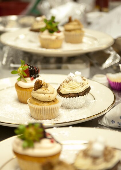 Finished cupcakes wait to be brought to the judges for the Cupcake Wars event held at the Georgia Pines Dining Facility Jan. 24, 2012, at Moody Air Force Base, Ga. Five teams competed to win over the judges with three types of cupcakes that had to be prepared, cooked and plated in 70 minutes.  (U.S. Air Force photo by Senior Airman Eileen Meier/Released)