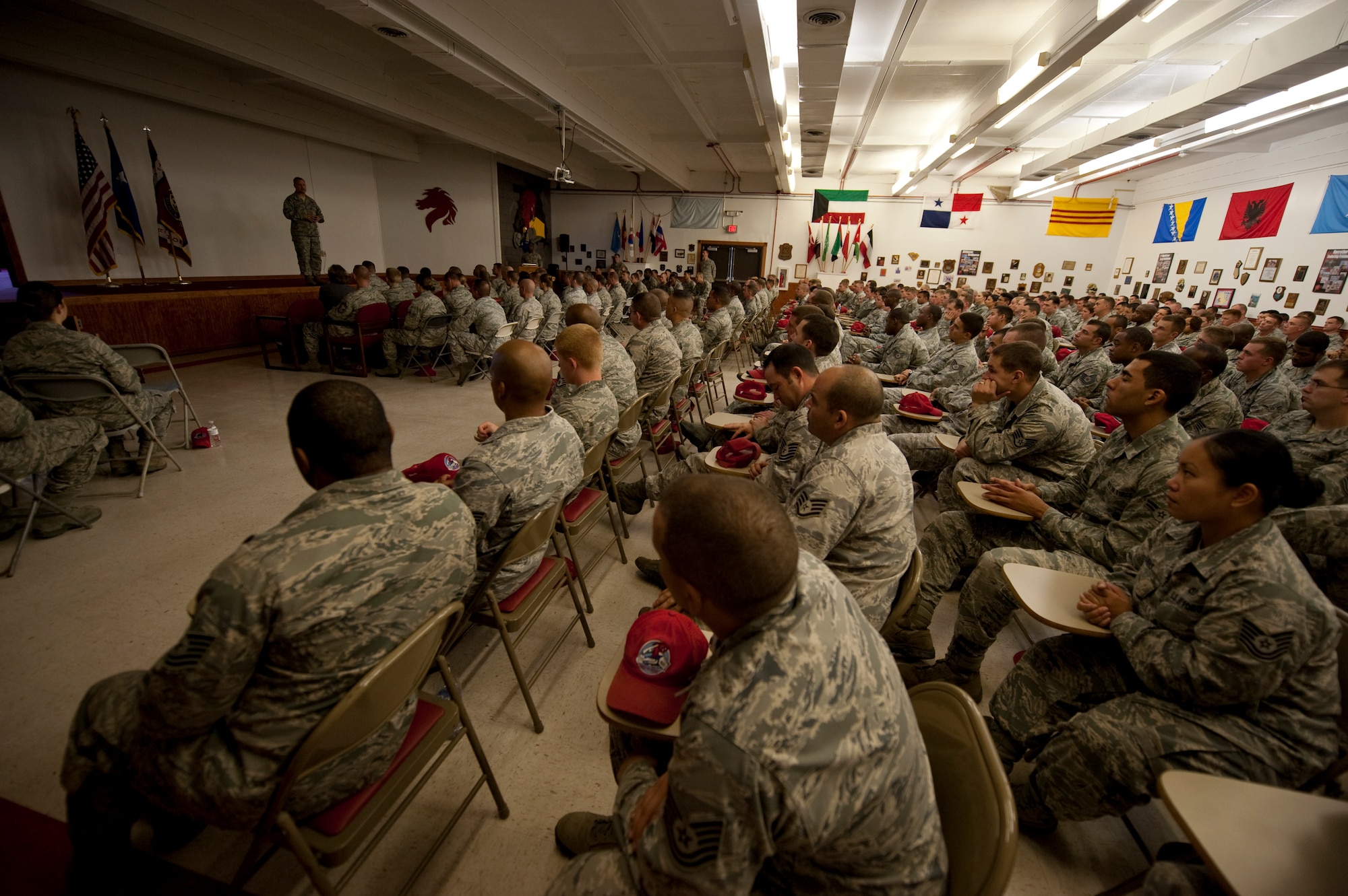 U.S. Air Force Maj. Gen. Lawrence Wells, commander of the 9th Air Force, addresses Airmen from the 823rd RED HORSE Squadron during a commander's call at Hurlburt Field, Fla., Jan. 20, 2012. As an Air Combat Command asset, the squadron's primary wartime responsibility is to provide a highly-rapid, deployable, self-sufficient civil engineer response force to support contingency and special operations worldwide.   (Air Force photo by Airman 1st Class Hayden Hyatt/Released)