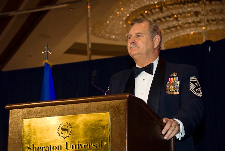 Command Chief Master Sgt. Richard Onsgard welcomes guests to the 2012 Outstanding Airman of the Year Banquet held at the Universal Sheraton Hotel, Universal City, Calif. on January 22, 2012. (U.S. Air Force Photo by: Senior Airman Nicholas Carzis)