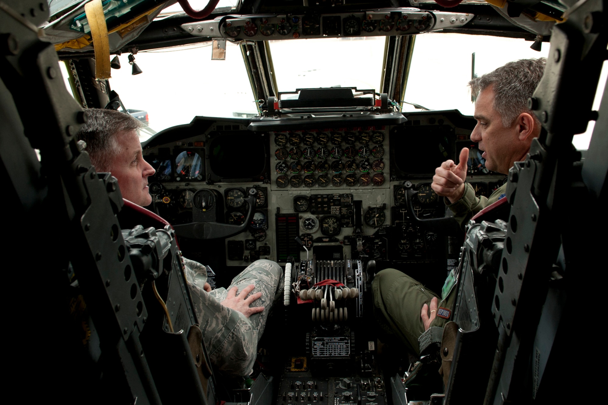 U.S. Air Force Lt. Gen. William Lord listens to U.S. Air Force Lt. Col. Dave Leedom, 93rd Bomb Squadron commander, as he explains the capabilities of the B-52 Stratofortress, Barksdale Air Force Base, La., Jan. 24, 2011. Lord visited Barksdale and is the Chief of Warfighting Integration and Chief Information Officer, Office of the Secretary of the Air Force, the Pentagon, Washington, D.C. (U.S. Air Force photo by Master Sgt. Greg Steele/Released)