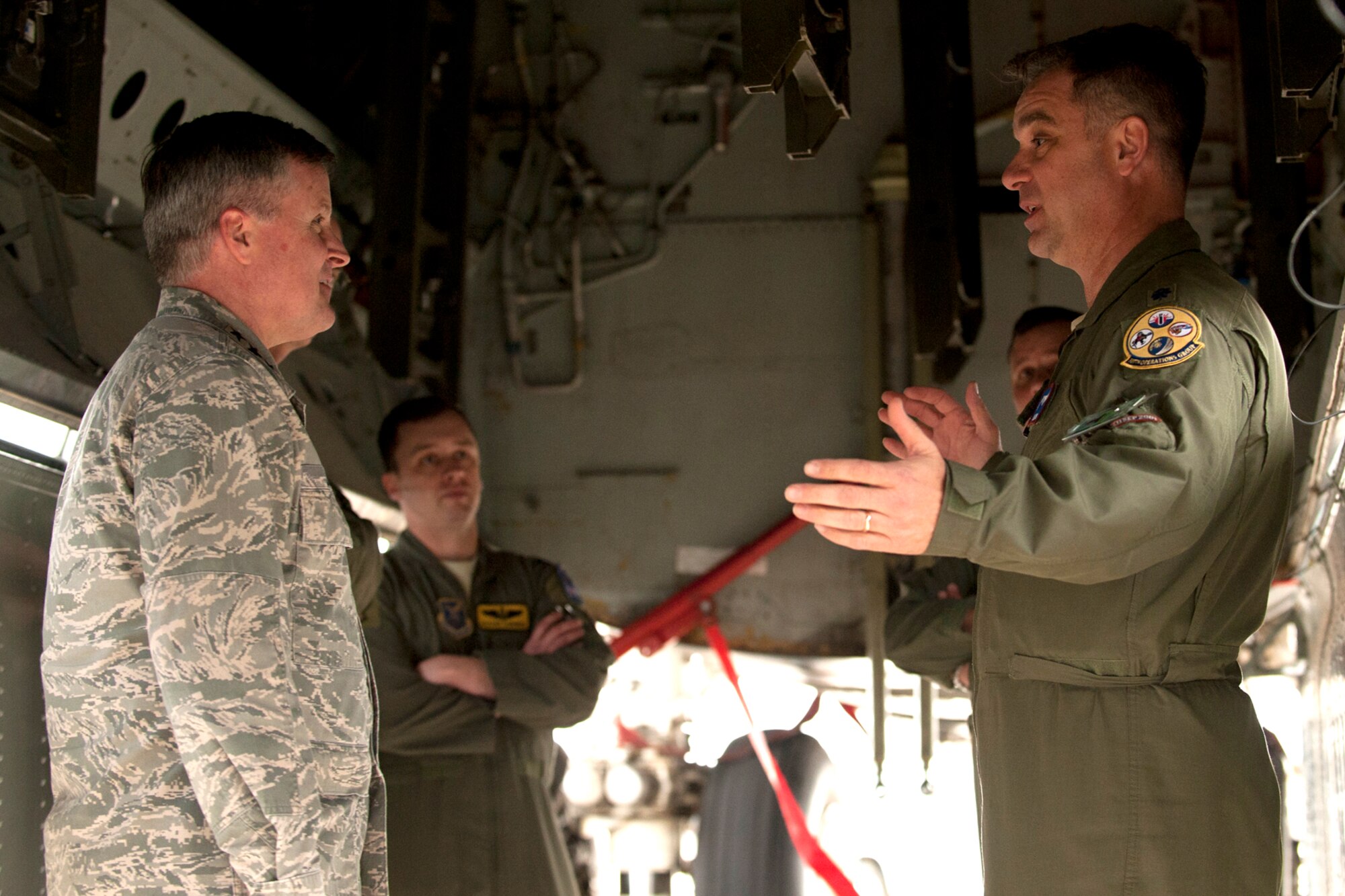 U.S. Air Force Lt. Col. Dave Leedom, 93rd Bomb Squadron commander, gives a tour of a 93rd Bomb Squadron B-52 to Lt. Gen. William Lord, Barksdale Air Force Base, La., Jan. 24, 2012. Lord visited the Air Force Global Strike Command and is the Chief of Warfighting Integration and Chief Information Office, Office of the Secretary of the Air Force, the Pentagon, Washington, D.C. (U.S. Air Force photo by Master Sgt. Greg Steele/Released)