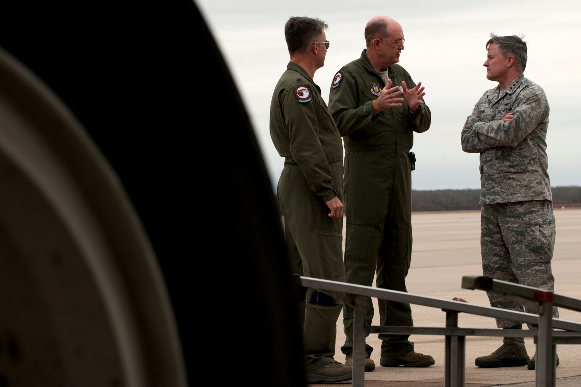 U.S. Air Force Lt. Col. Bruce Gootee, 93rd Bomb Squadron director of operations, explains to Lt. Gen. William Lord, the capabilities of the B-52, Barksdale Air Force Base, La., Jan. 24, 2012. Lord visited Barksdale and is the Chief of Warfighting Integration and Chief Information Officer, Office of the Secretary of the Air Force, the Pentagon, Washington, D.C. (U.S. Air Force photo by Master Sgt. Greg Steele/Released)
