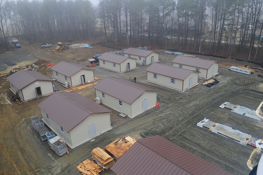 Buildings await completion at the Raptor Town construction site at Langley Air Force Base, Va., Jan., 23, 2012. The old raptor town was demolished, and the new training site is being rebuilt to provide a permanent area that accurately resembles a deployed location. (U.S. Air Force photo by Staff Sgt. Ashley Hawkins/Released)