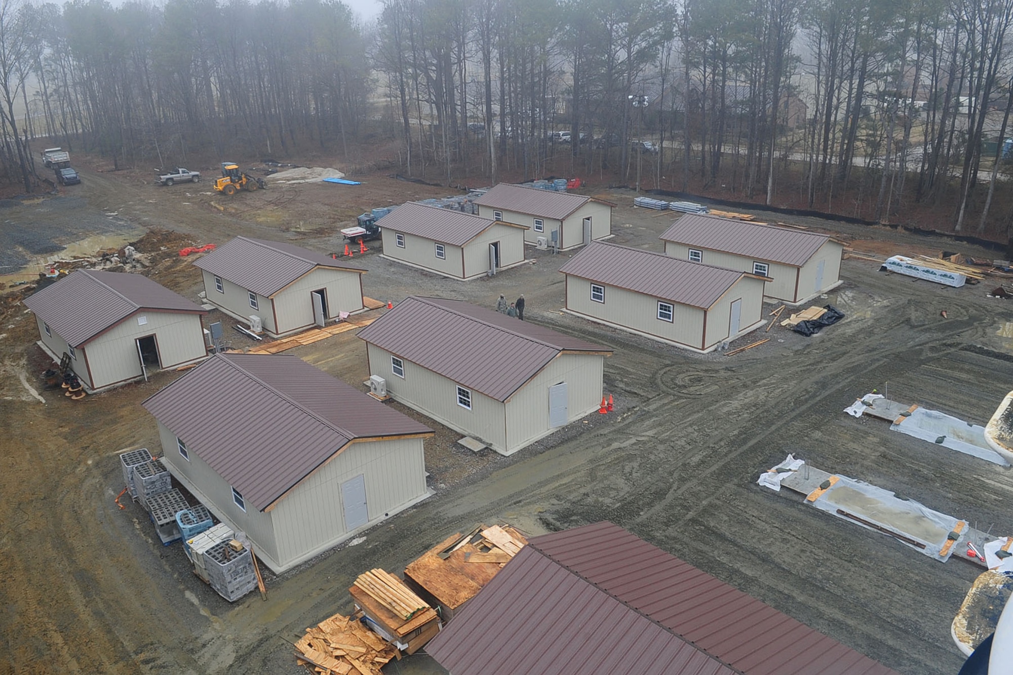Buildings await completion at the Raptor Town construction site at Langley Air Force Base, Va., Jan., 23, 2012. The old raptor town was demolished, and the new training site is being rebuilt to provide a permanent area that accurately resembles a deployed location. (U.S. Air Force photo by Staff Sgt. Ashley Hawkins/Released)