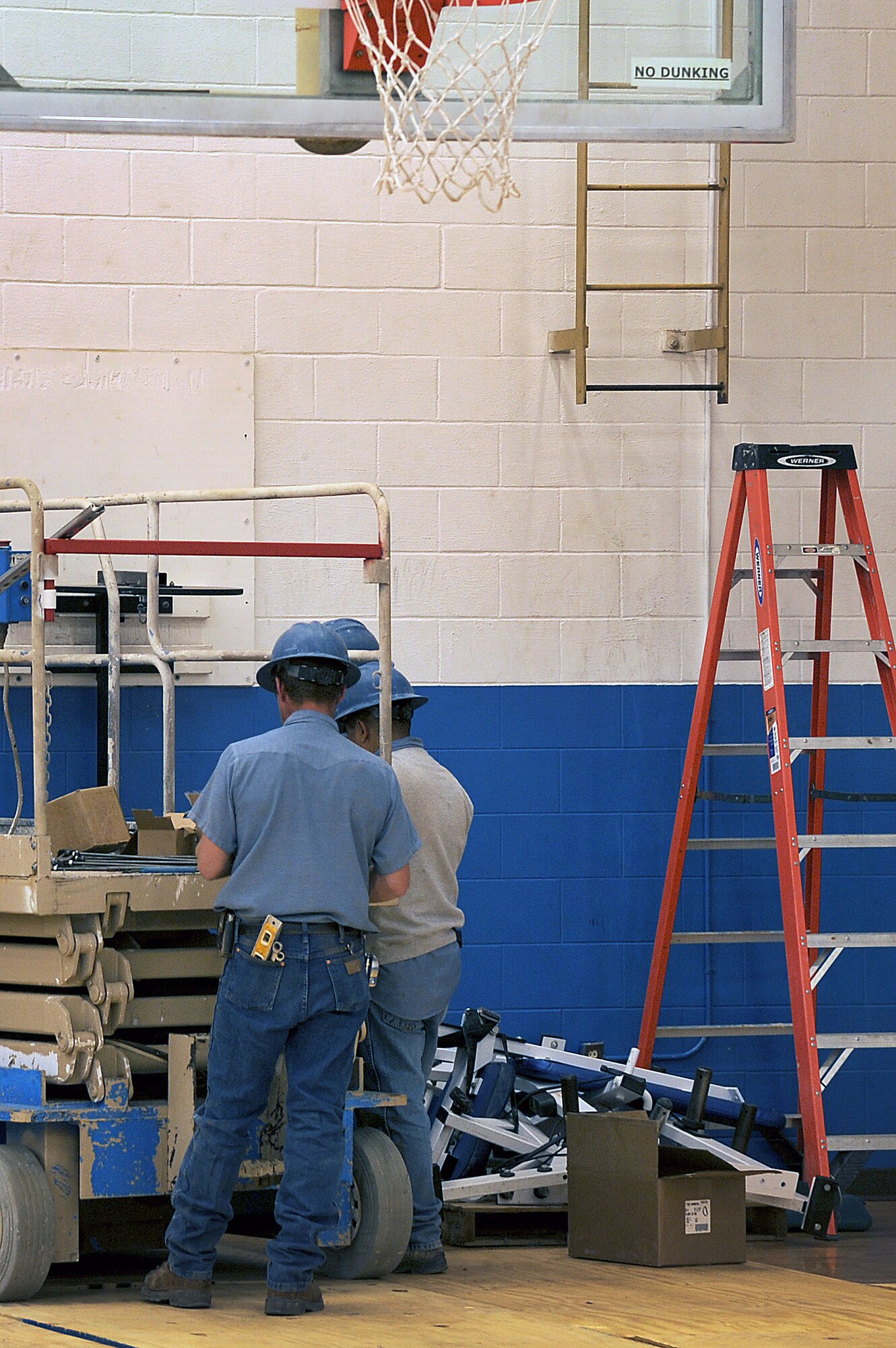 The Cannon Air Force Base, N.M., fitness center continues to undergo renovations to include repair of the heating, ventilation and air conditioning system that will support the entire facility.  There will be minor expansions for the weight room and the family fitness room and significant improvements to the cardio room, fitness rooms, locker rooms and the vestibule area. The construction is slated to end in April 2012.  (U.S. Air Force photo by Airman 1st Class Xavier Lockley)