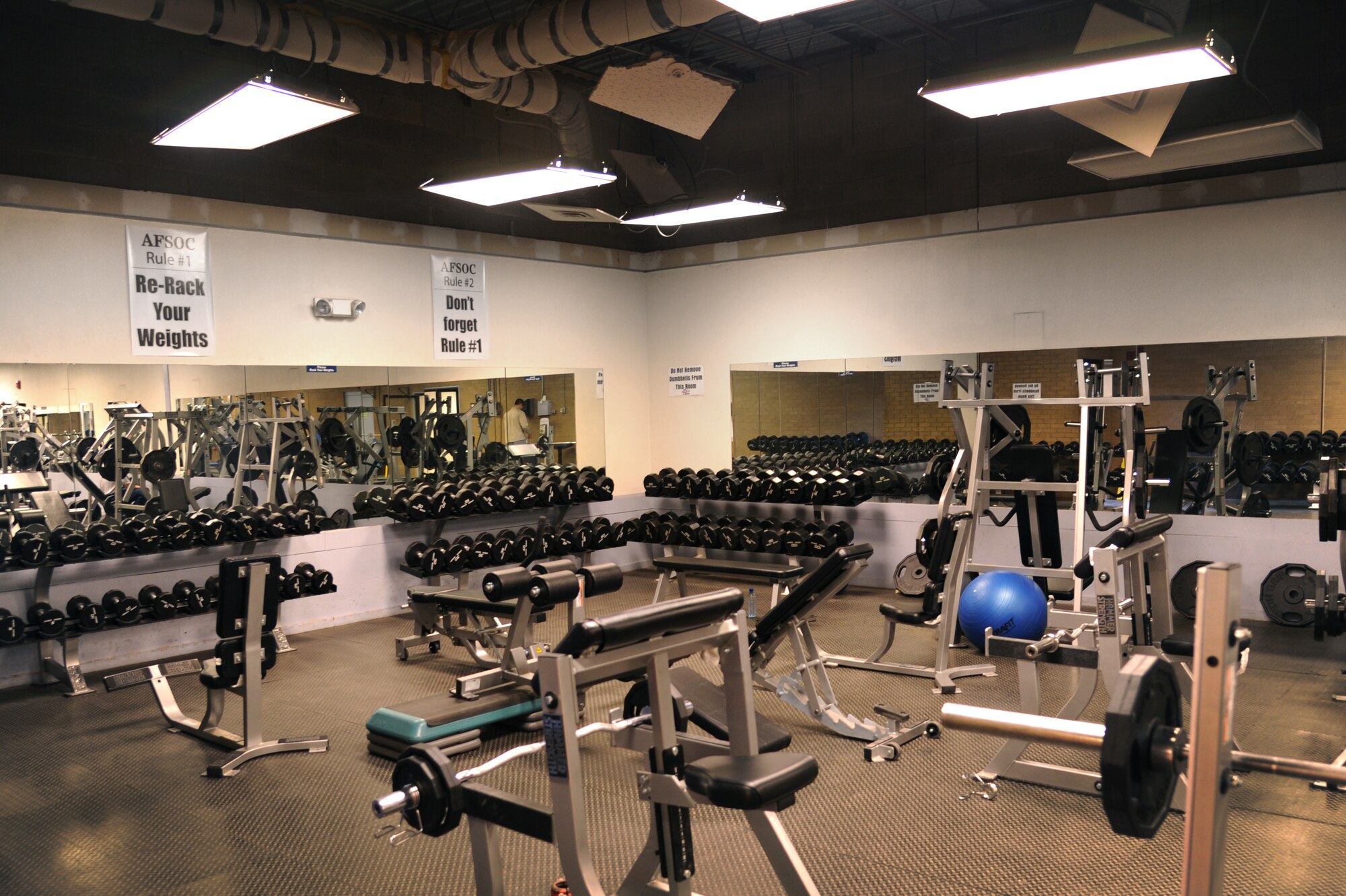 The Cannon Air Force Base, N.M., fitness center continues to undergo renovations to include repair of the heating, ventilation and air conditioning system that will support the entire facility.  There will be minor expansions for the weight room and the family fitness room and significant improvements to the cardio room, fitness rooms, locker rooms and the vestibule area. The construction is slated to end in April 2012.  (U.S. Air Force photo by Airman 1st Class Xavier Lockley)