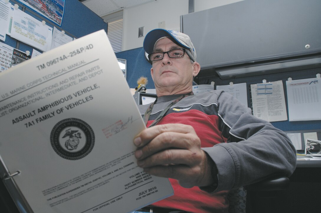 Robert Wilmoth, quality assurance specialists, Business Management Department, Maintenance Center Albany, holds and inspects a Hydrostatic Steer Unit for an Assault Amphibious Vehicle, Jan. 19.