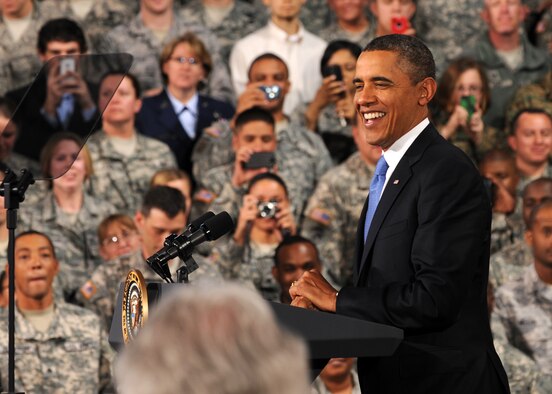BUCKLEY AIR FORCE BASE, Colo. -- President Barack Obama holds a press conference Jan 26, 2012. The president arrived here at Buckley to speak about his new clean energy programs. (U.S. Air Force photo by Senior Airman Marcy Glass)
