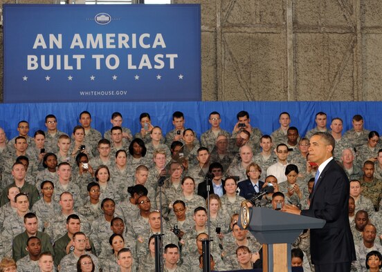 BUCKLEY AIR FORCE BASE, Colo. -- President Barack Obama speaks to members of Team Buckley Jan 26, 2012. The president spoke about the Department of Defense's move towards clean energy usage. (U.S. Air Force photo by Senior Airman Marcy Glass)
