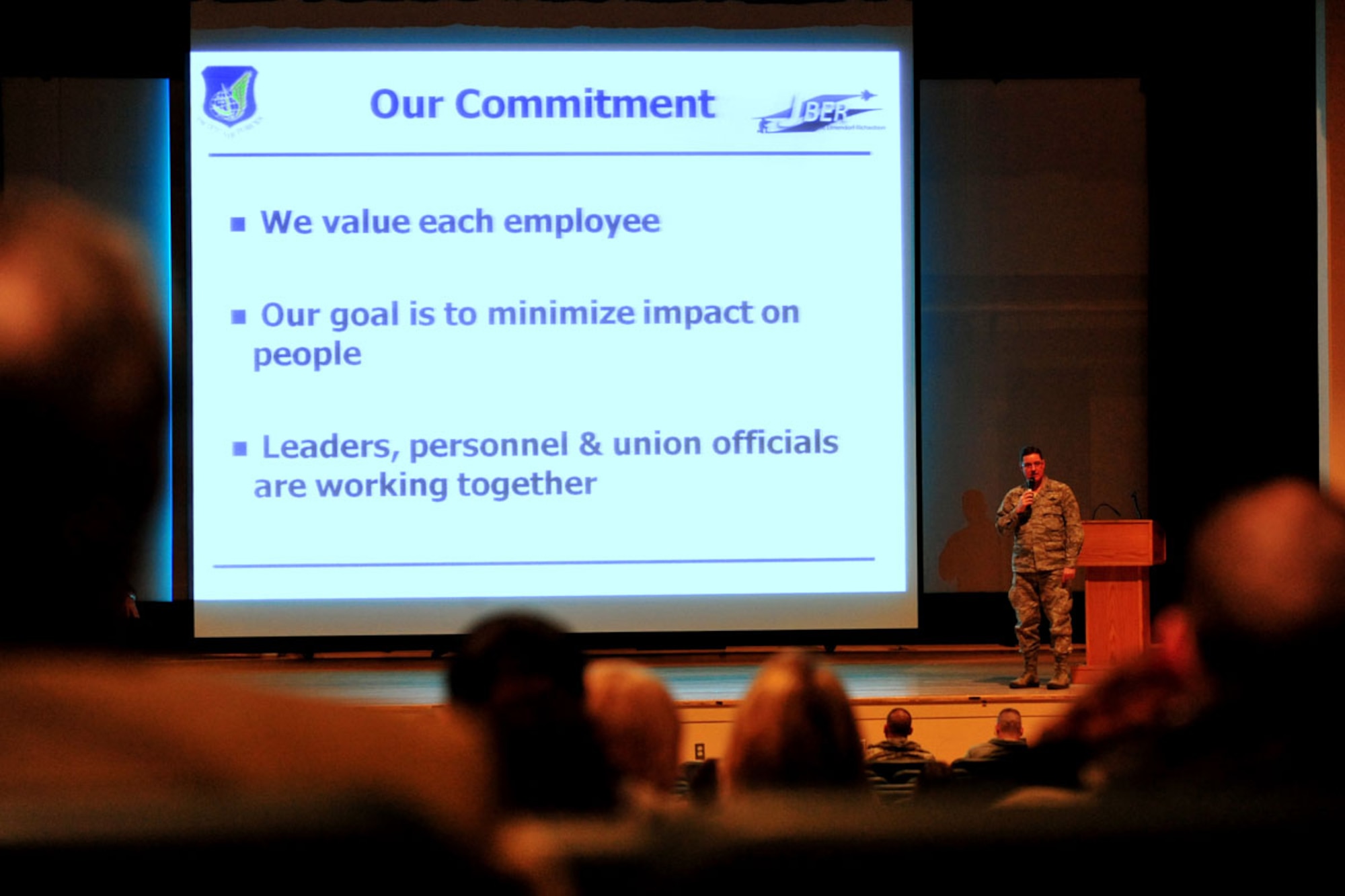 Air Force Col. Robert Evans, Joint Base Elmendorf-Richardson and 673d Air Base Wing commander, speaks to Department of the Air Force civilians and military leaders during a civilian call at the Richardson Theater Tuesday.  (U.S. Air Force photo/Staff Sgt. Sheila deVera)
