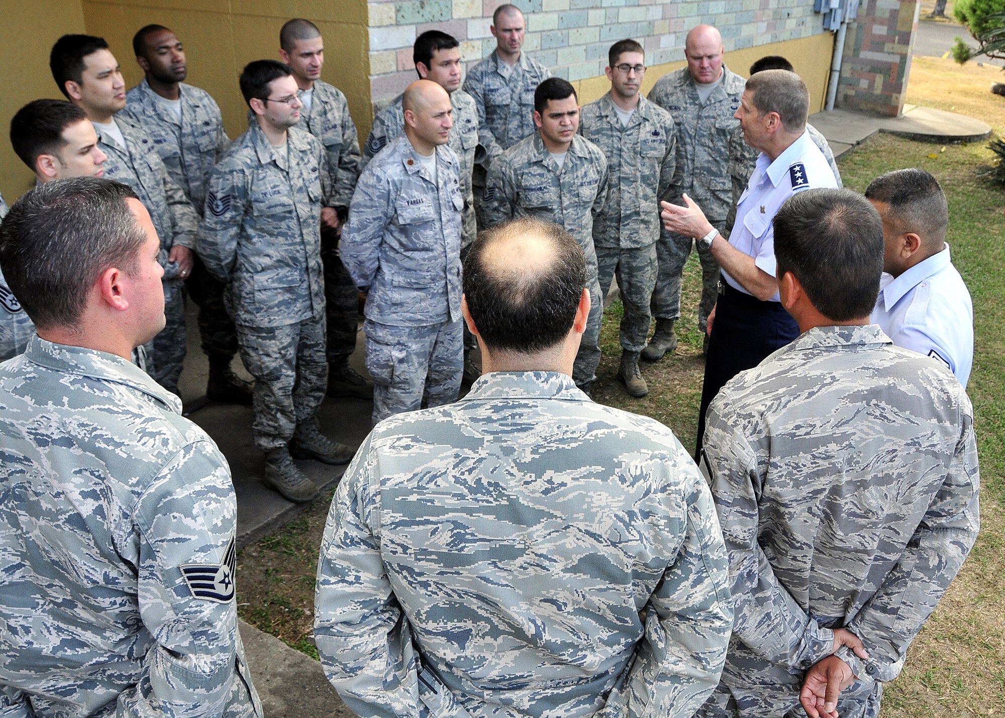 Lieutenant Gen. Robin Rand, Air Forces Southern Command commander, talks to members of the 571st Mobility Support Advisory Squadron, following the opening ceremony in Tegucigalpa, Honduras, Jan. 25.  The Airmen, representing 15 Air Force specialties, will work side-by-side with Honduran Air Force members in developing the seven core competencies of air base defense, air traffic control, aircraft maintenance, aircrew survival, communications, generator maintenance and safety.  (U.S. Air Force photo by Tech. Sgt. Lesley Waters)