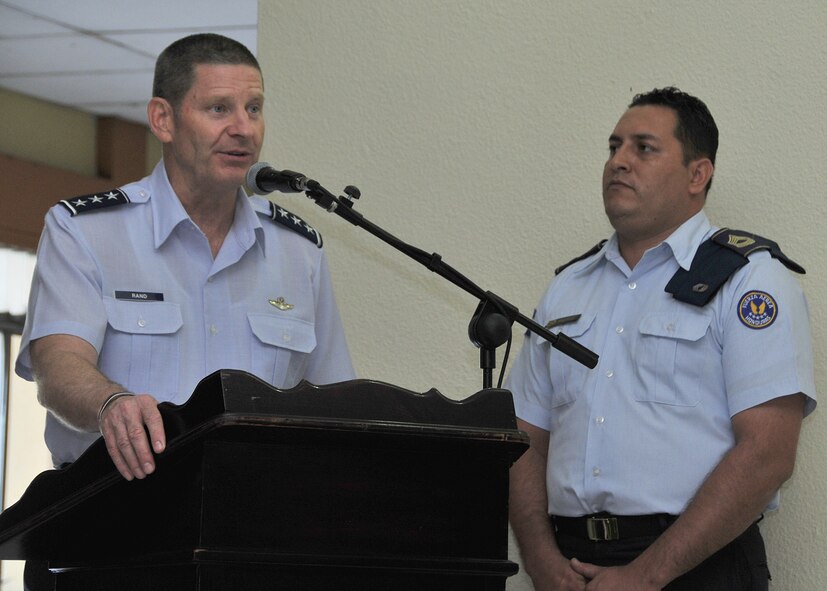 Lt. Gen. Robin Rand, Air Forces Southern Command commander, addresses Airmen from the 571st Mobility Support Advisory Squadron and the Honduran Air Force during his opening ceremony remarks in Tegucigalpa, Honduras, Jan. 25, 2012. (U.S. Air Force photo/Tech. Sgt. Lesley Waters)
