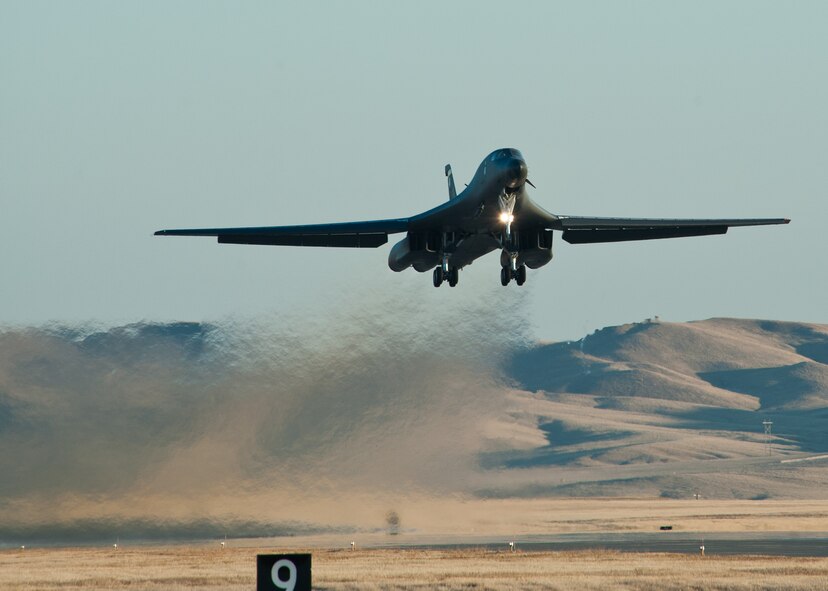 A B-1B takes off from Ellsworth Air Force Base, S.D., Jan. 20, 2012. Approximately 90 Airmen along with six B-1Bs departed for Nellis AFB, Nev. to participate in Red Flag, a combat exercise that train aircrews through realistic combat scenarios. (U.S. Air Force photo by Airman Alystria Maurer/Released)