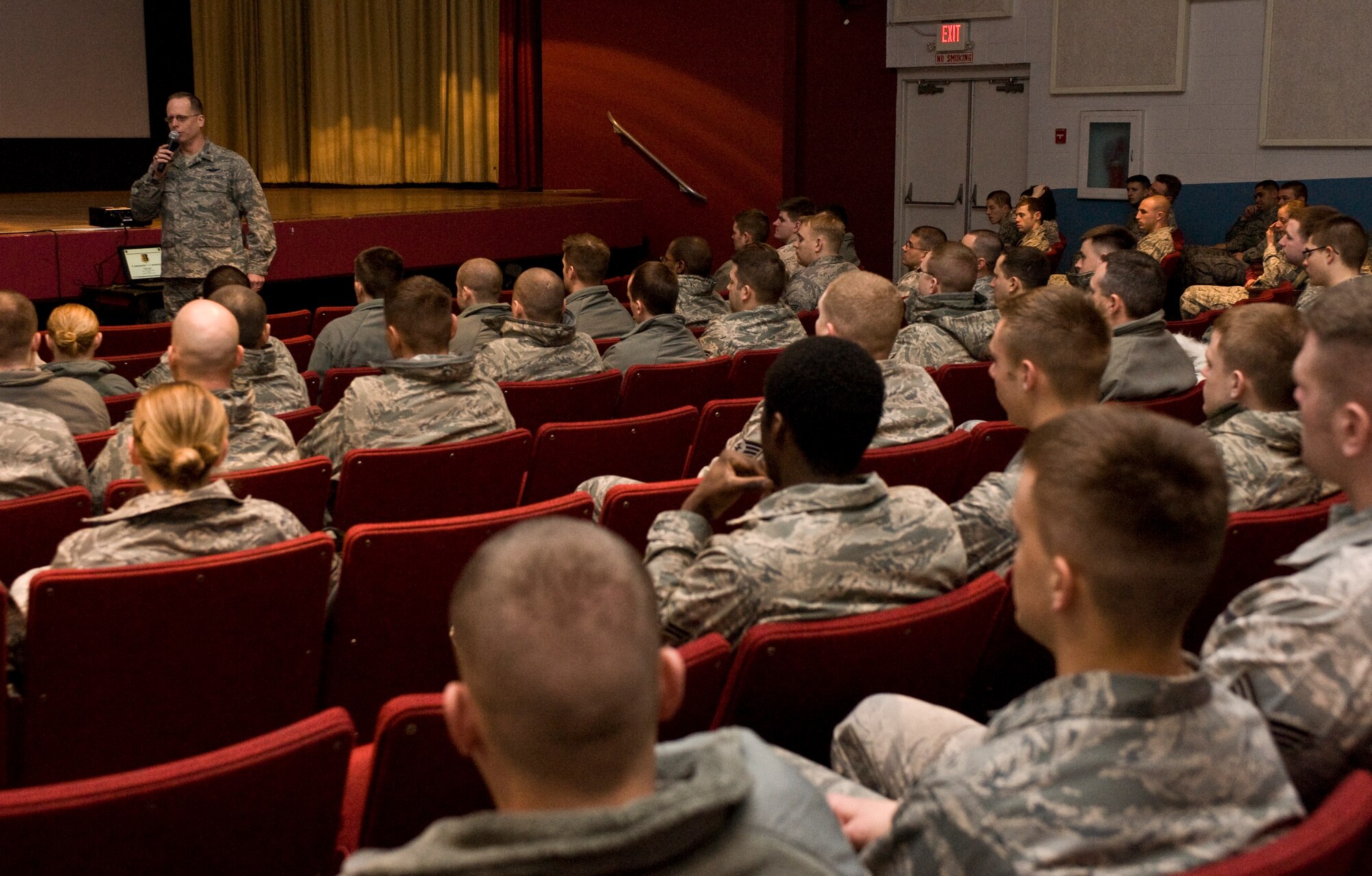 Col. Mark Weatherington, 28th Bomb Wing commander, addresses Airmen under his command about  resiliency in both their personal and professional lives at Ellsworth Air Force Base, S.D., Jan. 18, 2012.  The all-day resiliency training covered a variety of topics designed to help Airmen improve themselves by implementing positive techniques into their daily lives. (U.S. Air Force photo by Airman 1st Class Anania Tekurio/Released)
