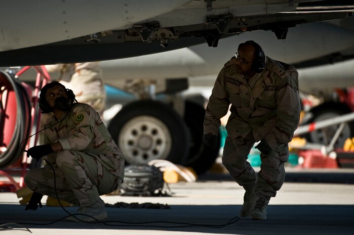 Royal Saudi Air Force Staff Sgt. Mohanndar, crew chief, and Warrant Officer Masoud, production supervisor, inspect underneath F-15 Strike Eagles before a training mission during Red Flag 12-2 Jan. 25, 2012, at Nellis Air Force Base, Nev. Red Flag is a realistic combat training exercise involving the air forces of the United States and its allies. The exercise is hosted north of Las Vegas on the Nevada Test and Training Range. (U.S. Air Force photo by Senior Airman Brett Clashman)