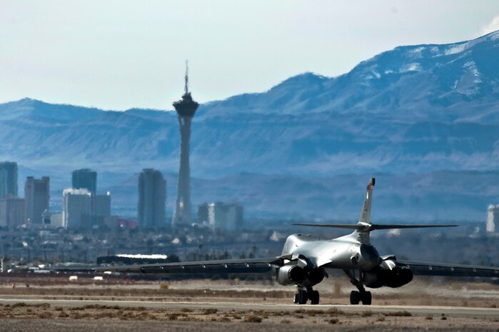 A U.S. Air Force B-1B Lancer taxies out before a training mission over the Nevada Test and Training Range during Red Flag 12-2 Jan. 24, 2012, at Nellis Air Force Base, Nev. Red Flag is a realistic combat training exercise involving the air forces of the United States and its allies. The exercise is hosted north of Las Vegas on the NTTR. (U.S. Air Force photo by Senior Airman Brett Clashman)